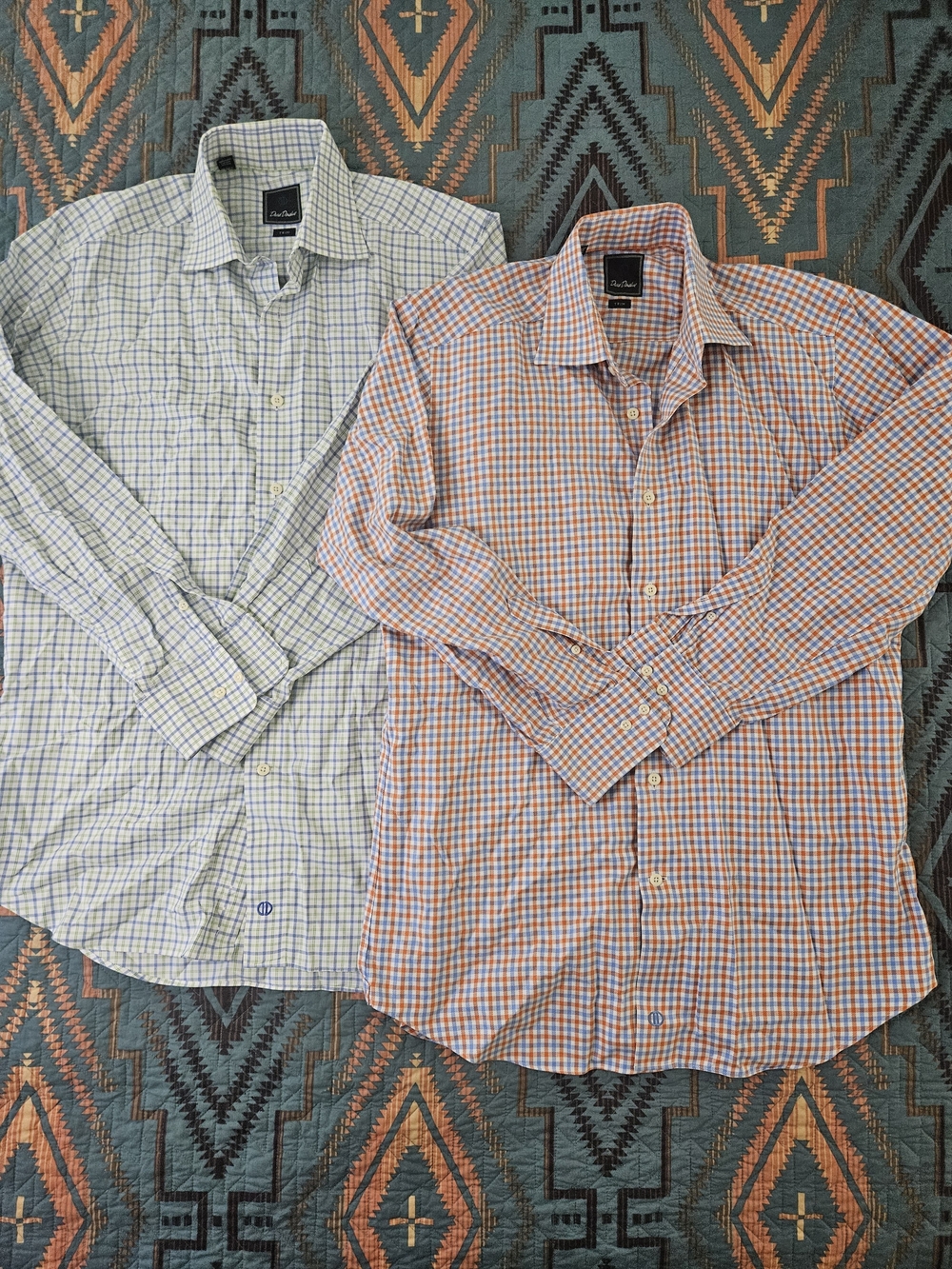 David Donahue Orange & Light Blue Checked Dress Shirts. 2 For 1